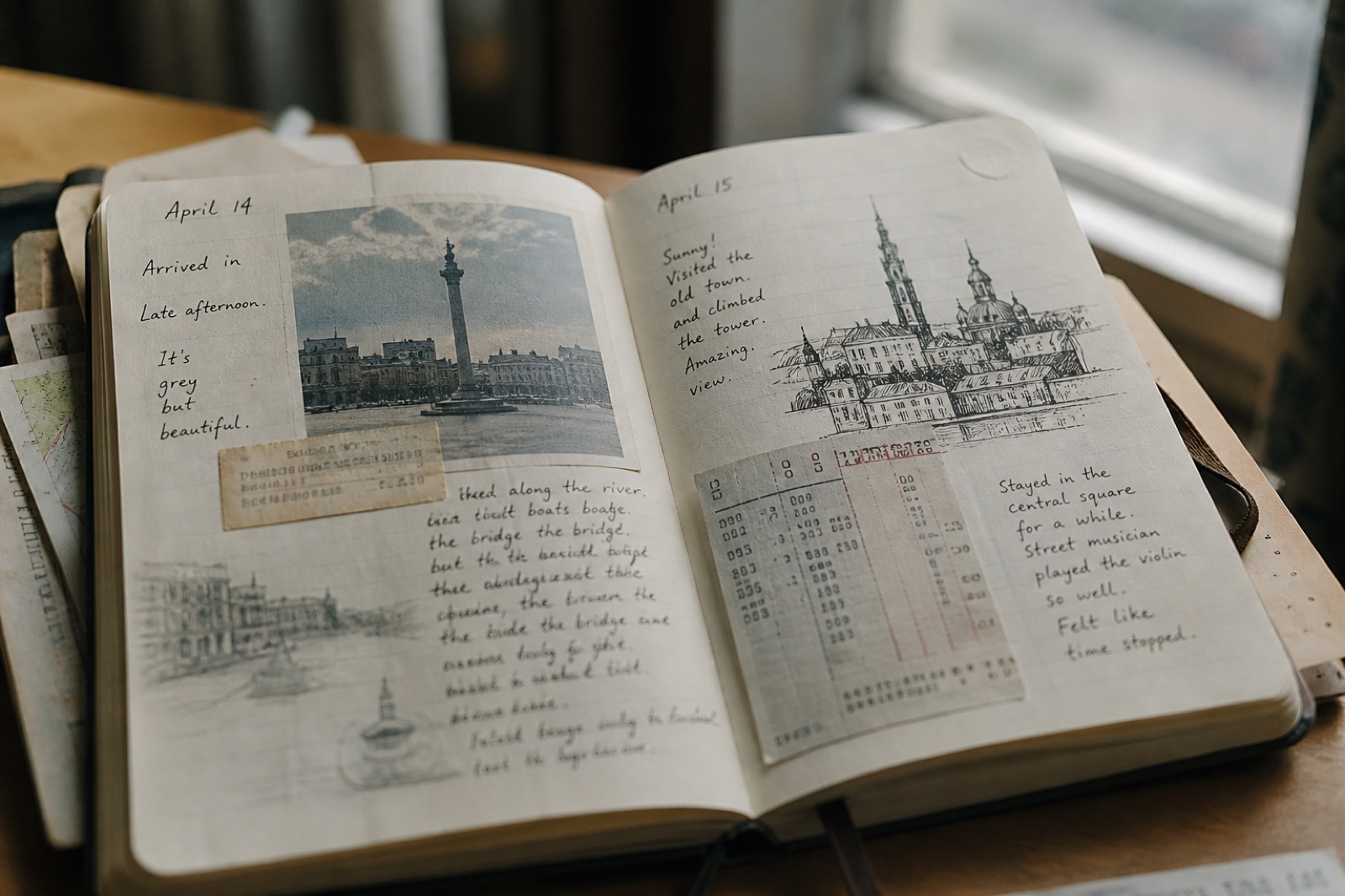 Open handwritten travel journal with ticket stubs and city sketches