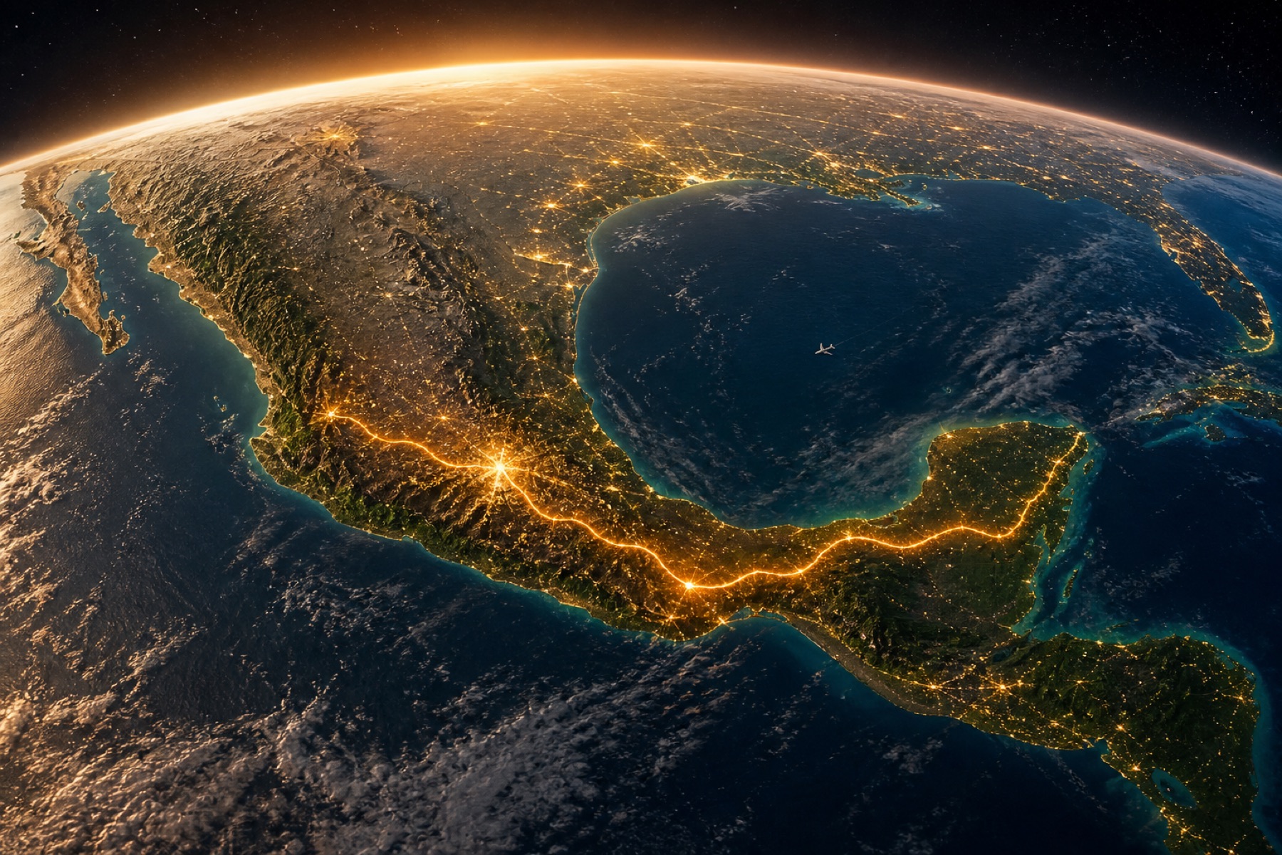 Warm 3D globe centered on Mexico with a terracotta-gold travel recap route from the Valley of Mexico through the south to Yucatán and Guadalajara