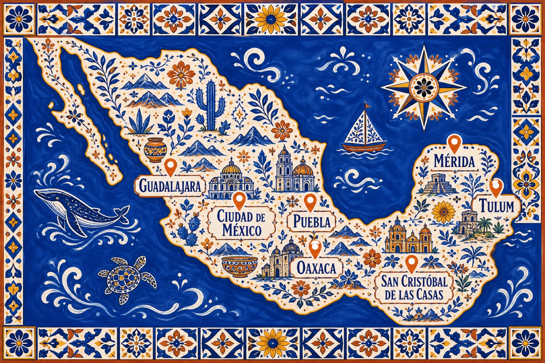 Talavera-style illustrated map of Mexico with a folk-art route through Mexico City, Puebla, Oaxaca, San Cristóbal, Mérida, Tulum, and Guadalajara