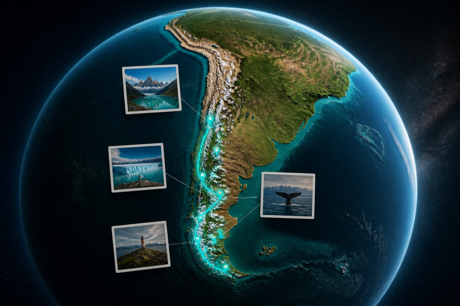 3D globe centered on southern South America with a teal Patagonia travel recap route