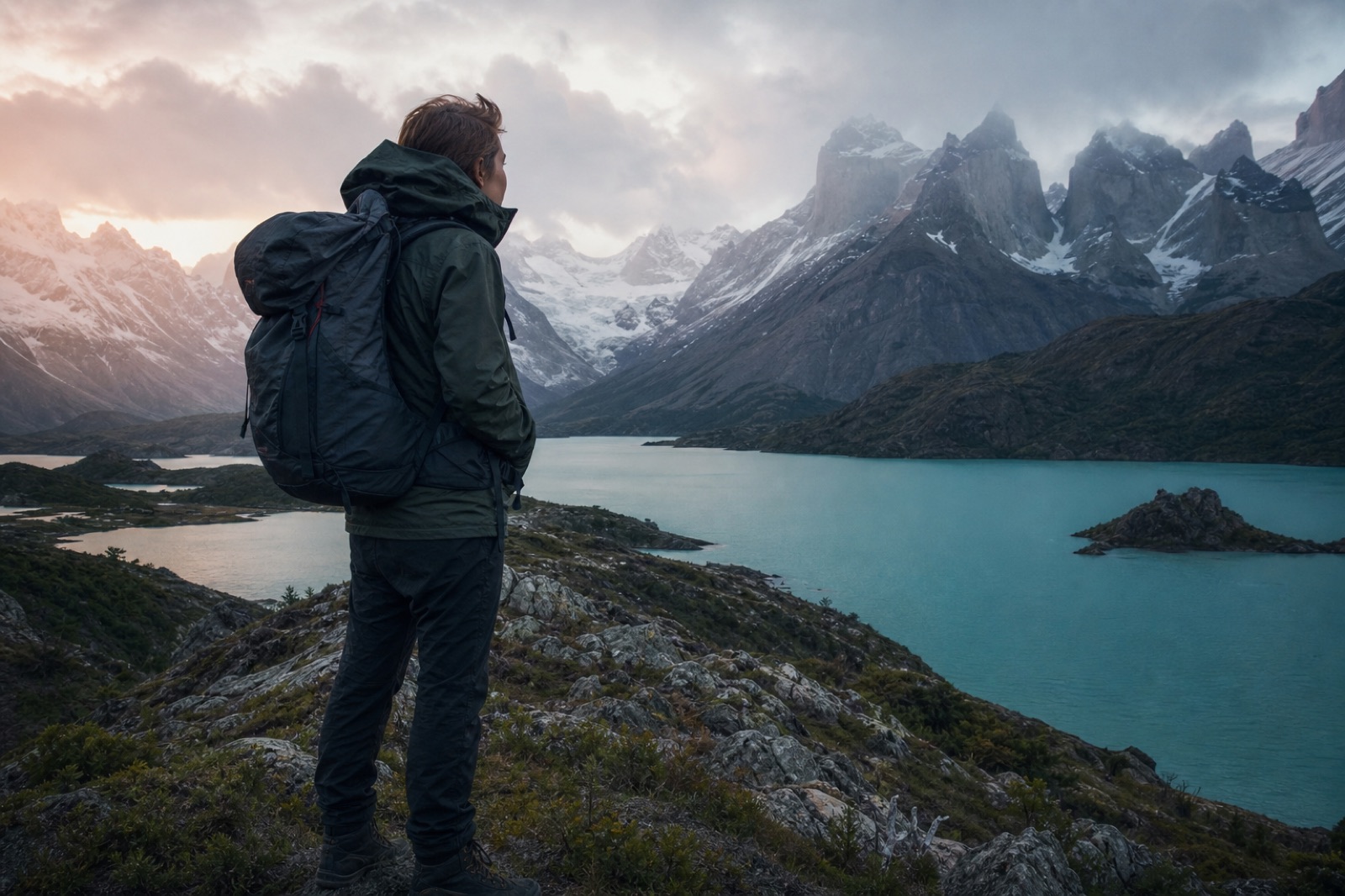 Solo backpacker on a windy Patagonia granite ridge at dawn above a turquoise glacial lake