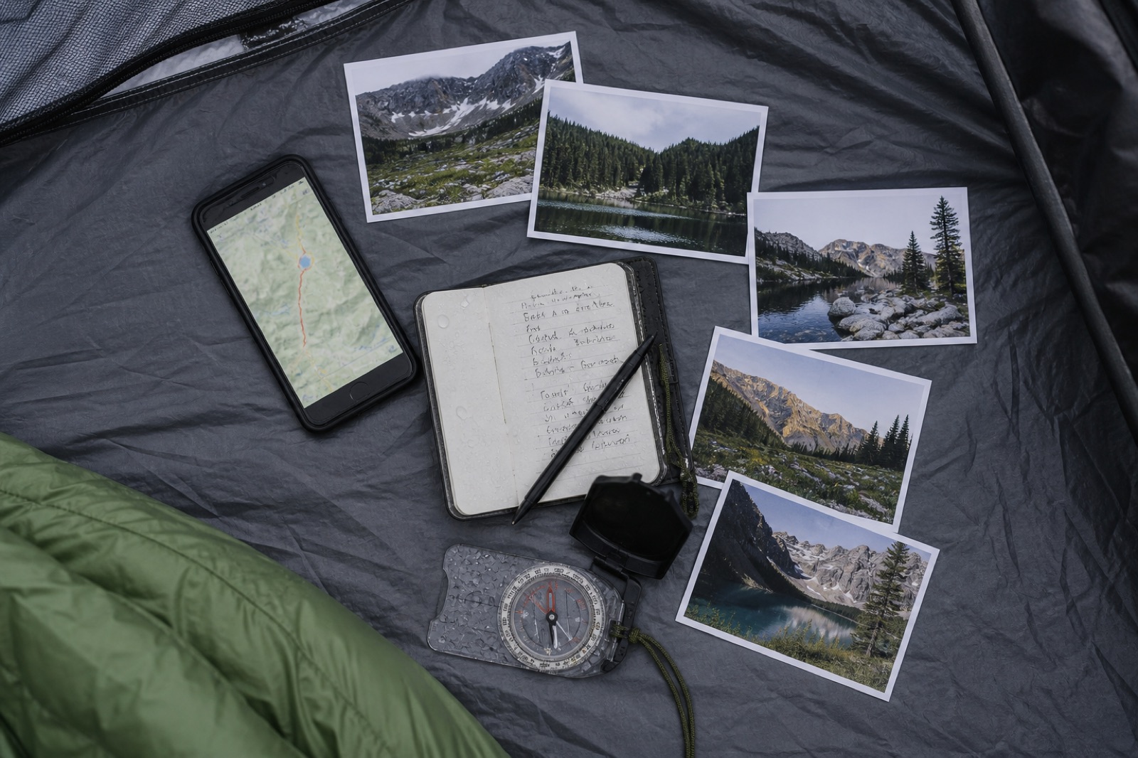 Flat lay of solo backcountry inputs: GPS phone track, waterproof notebook, trail photo prints, and a compass