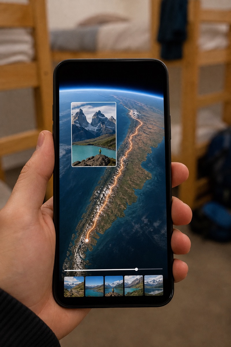 Hand holding a phone showing a vertical Patagonia travel recap with map flyover and mountain photo