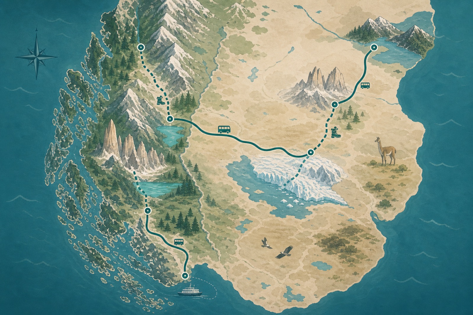 Stylized map of a Patagonia solo route through Santiago, Punta Arenas, Puerto Natales, Torres del Paine, El Calafate, El Chaltén, and Bariloche