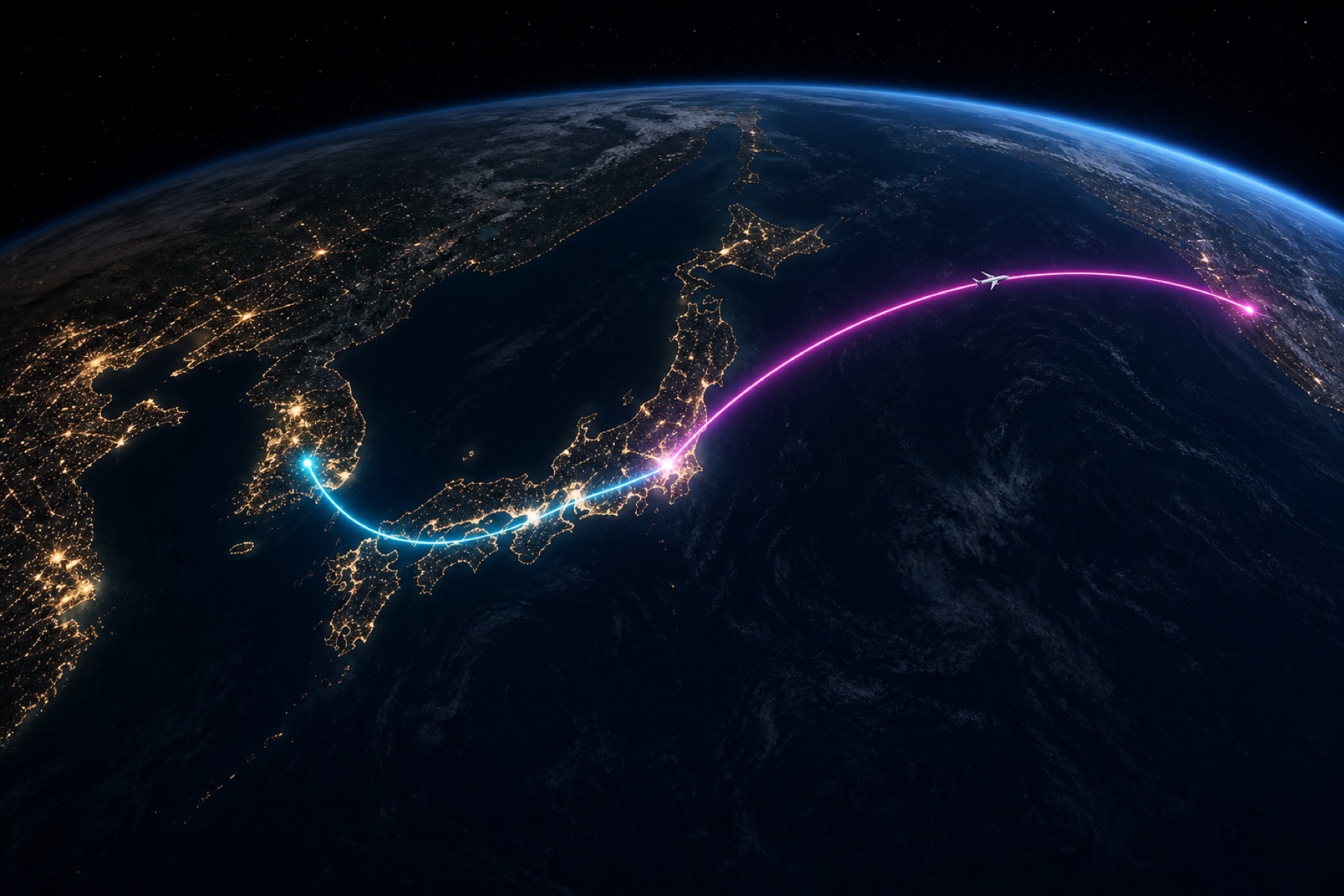 Dark 3D globe centered on Japan with a neon magenta-cyan flight arc across the North Pacific, the 0:00 hook of a TikTok travel recap