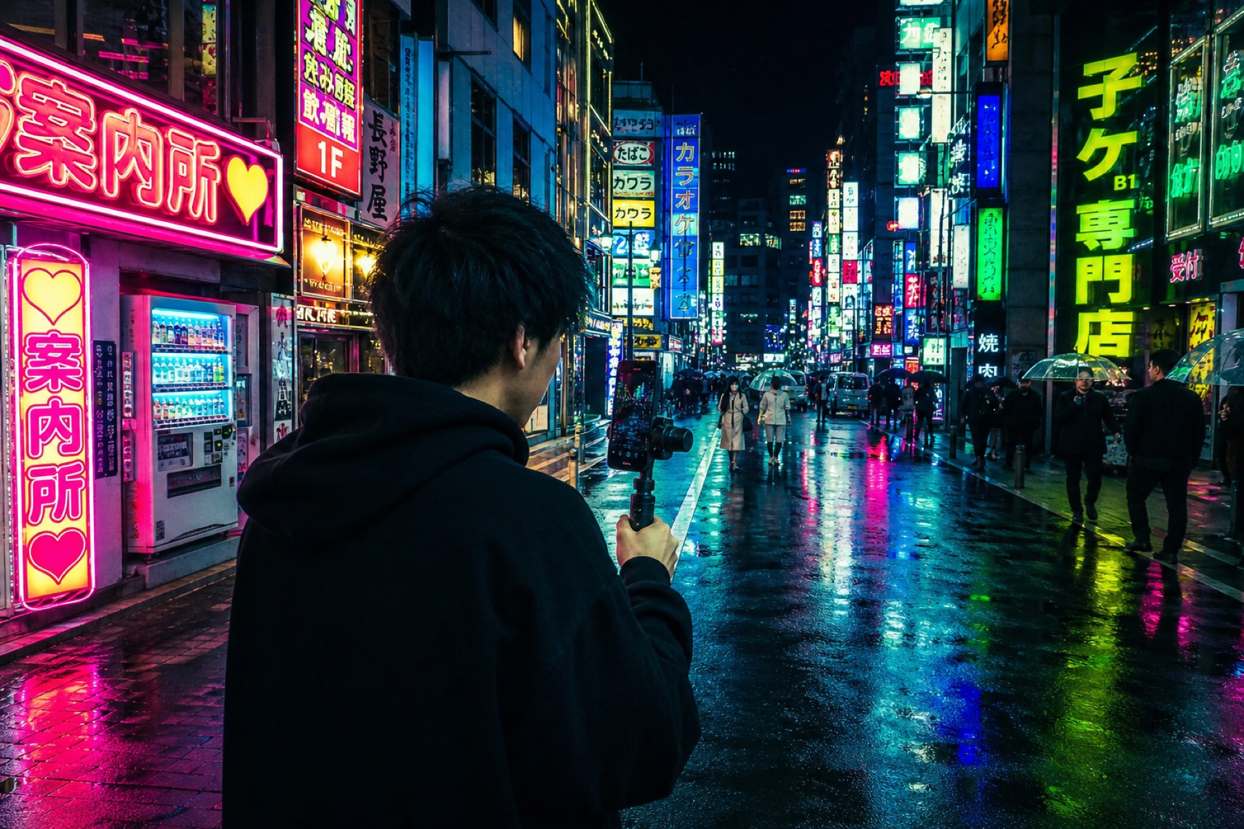 TikTok travel creator filming a vertical video on a rain-soaked neon Tokyo street at night, magenta and cyan signs reflecting in puddles