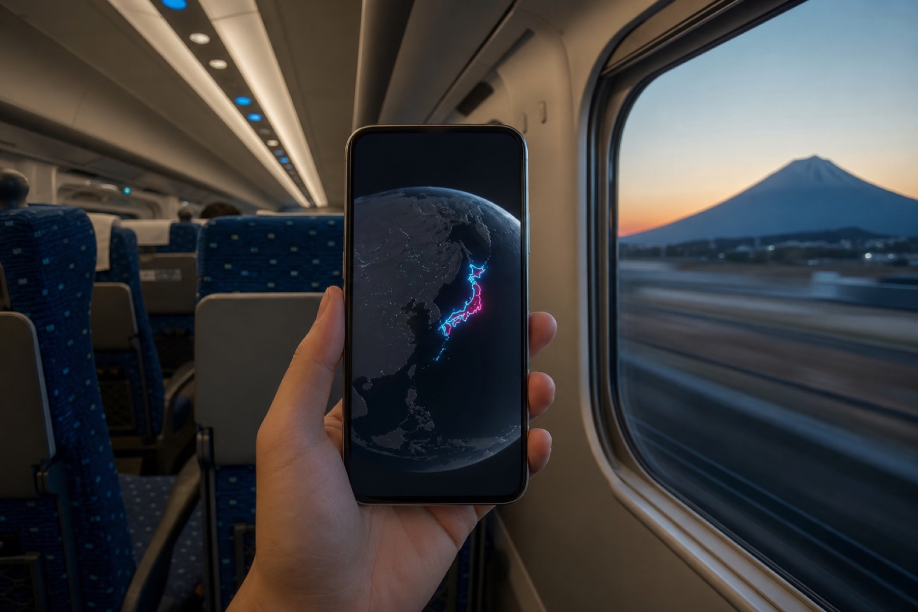 Vertical phone in a shinkansen aisle at dusk showing a neon 3D Japan route, illustrating the mid-cut of a TikTok travel recap