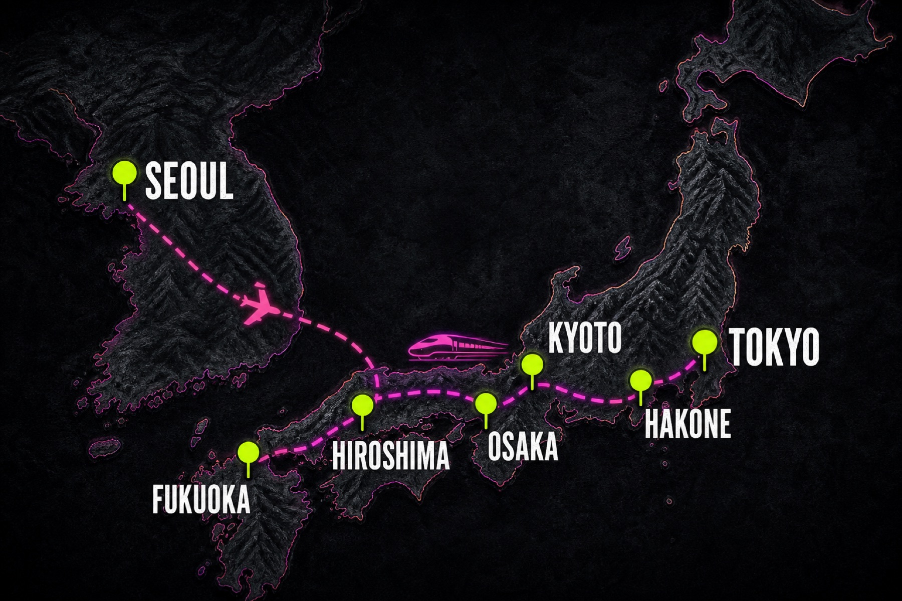 Dark neon illustrated map of Japan and Korea with a magenta dashed TikTok travel route through Tokyo, Kyoto, Osaka, Hiroshima, Fukuoka, and Seoul