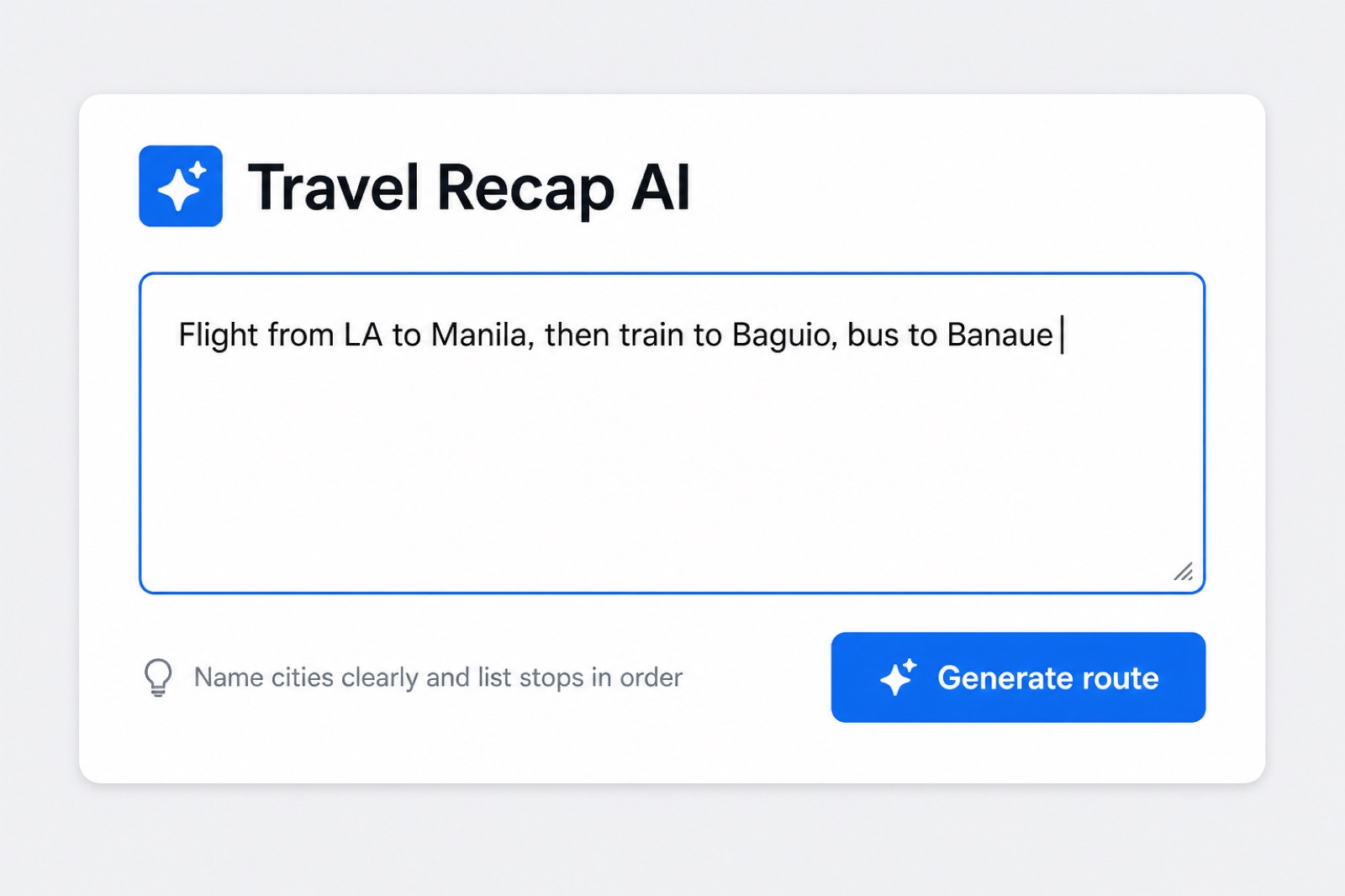 Travel Recap AI prompt box with an itinerary and the Generate route button