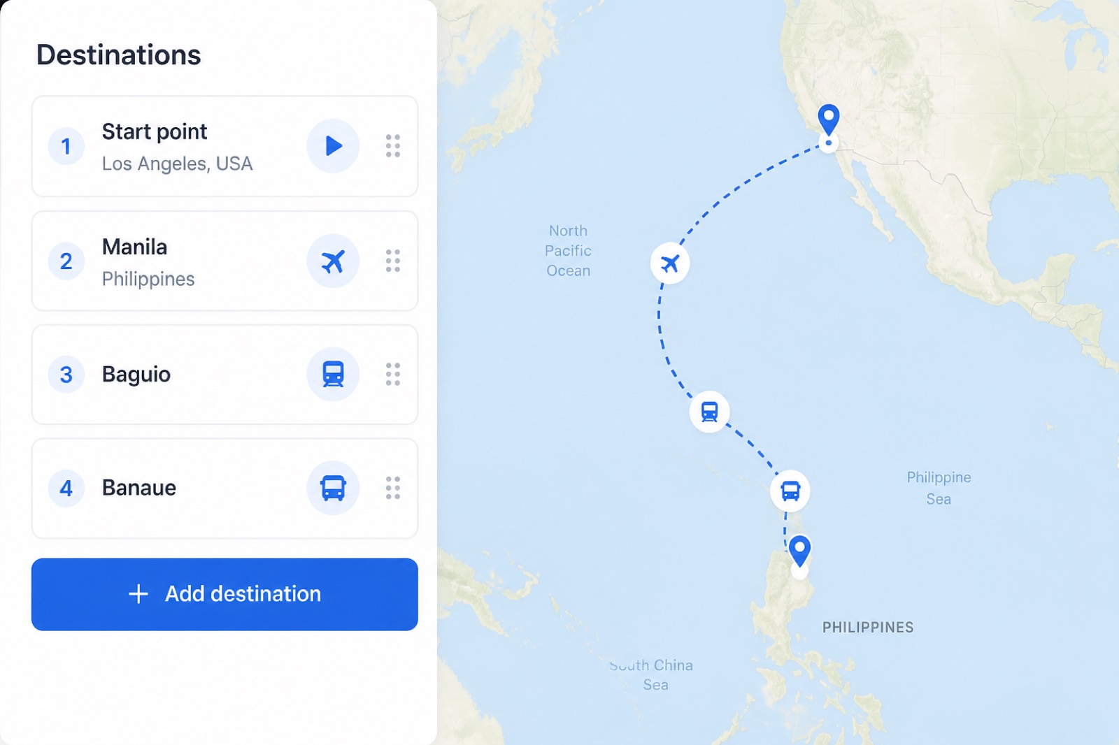 Travel Recap destination list with start point Los Angeles and stops Manila, Baguio, and Banaue plus Add destination