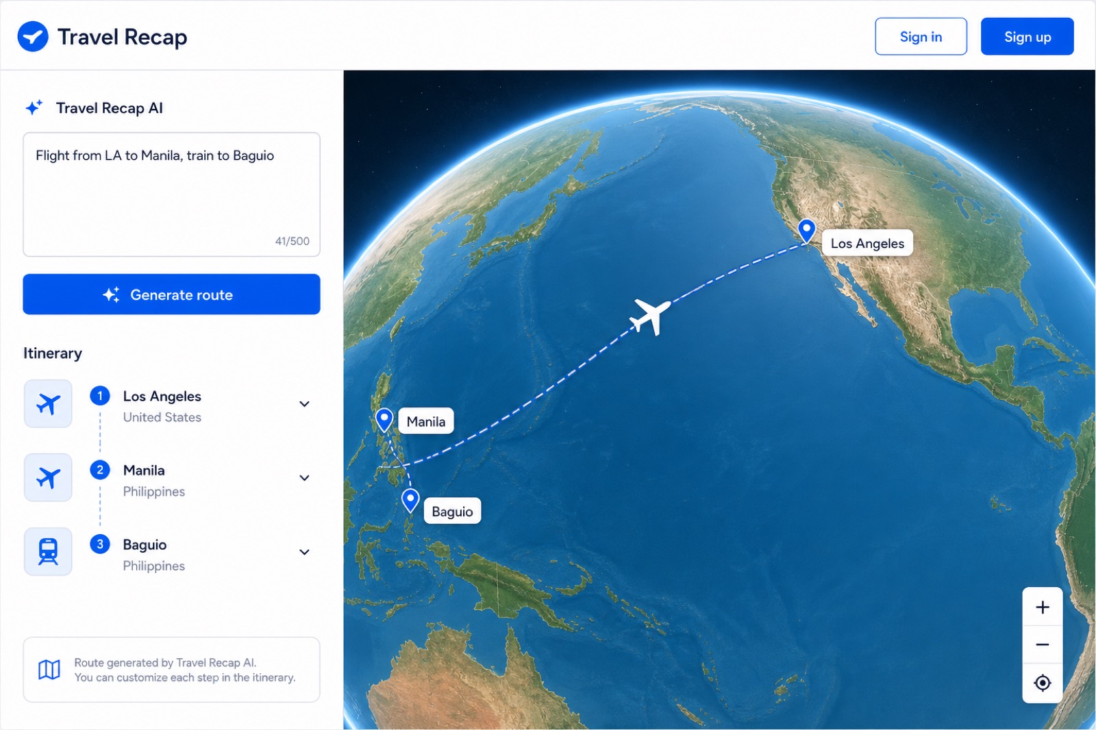 Travel Recap editor showing the AI itinerary sidebar and a 3D travel map flyover from Los Angeles to Manila