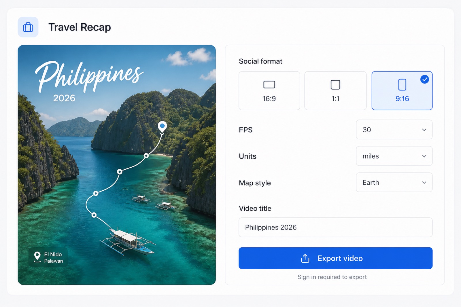 Travel Recap export settings with 9:16 social format and Export video button for a TikTok travel map