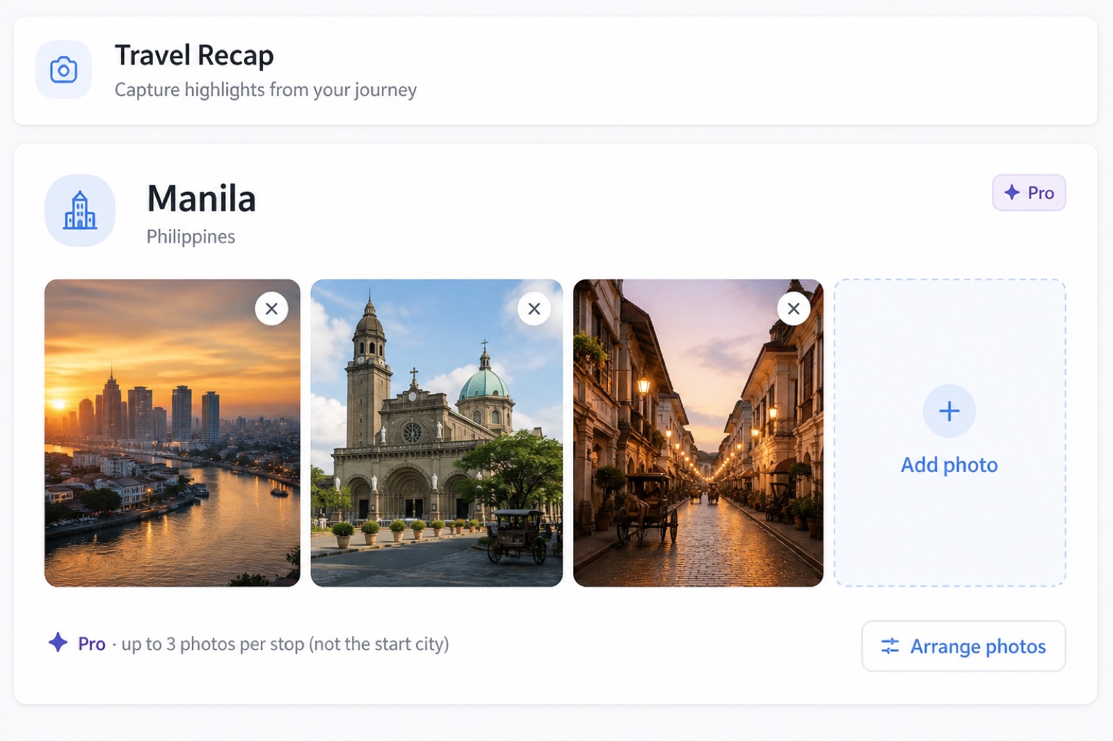 Travel Recap Pro destination photos with Add photo and Arrange photos for a Manila stop