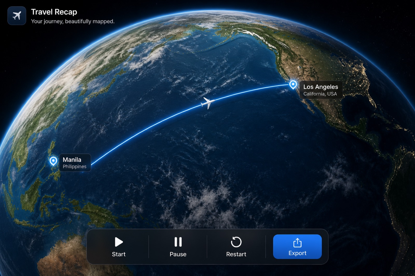Travel Recap 3D globe preview with Start Pause Restart and Export controls over a flight path